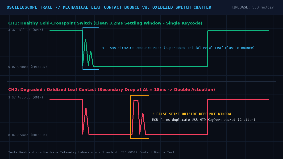 Oscilloscope trace comparing healthy 3.2ms gold-crosspoint mechanical switch contact bounce against oxidized switch chatter at 18ms