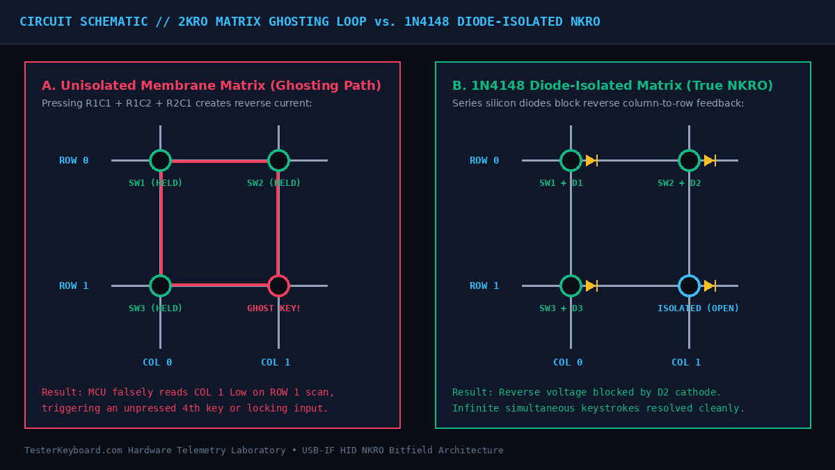 Electrical circuit schematic comparing a 2KRO membrane keyboard ghosting current loop against a 1N4148 diode-isolated true NKRO mechanical matrix